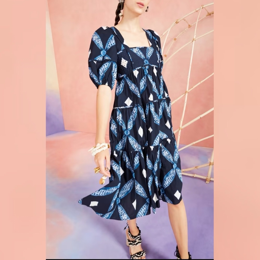 Ulla Johnson Nora Printed Square-Neck Puff-Sleeve Dress Size 2